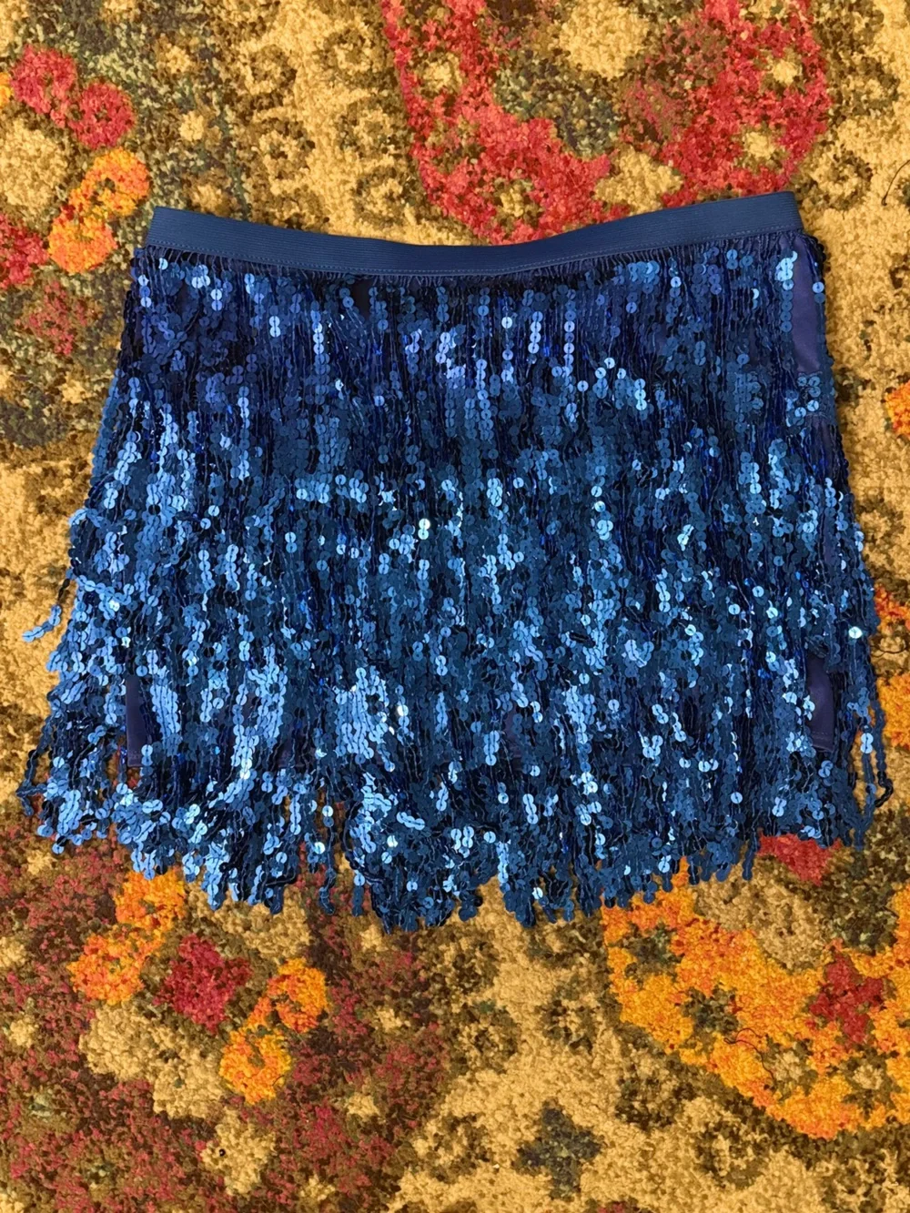Royal Blue Sequin Fringe Mini Skirt Elegant Party Style Fun Trendy Elastic Lined